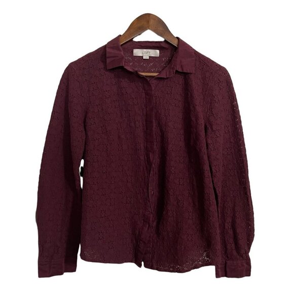 LOFT Tops - LOFT Womens Burgundy Red Long Sleeve Lace Semi Sheer Button Up Blouse Size Large
